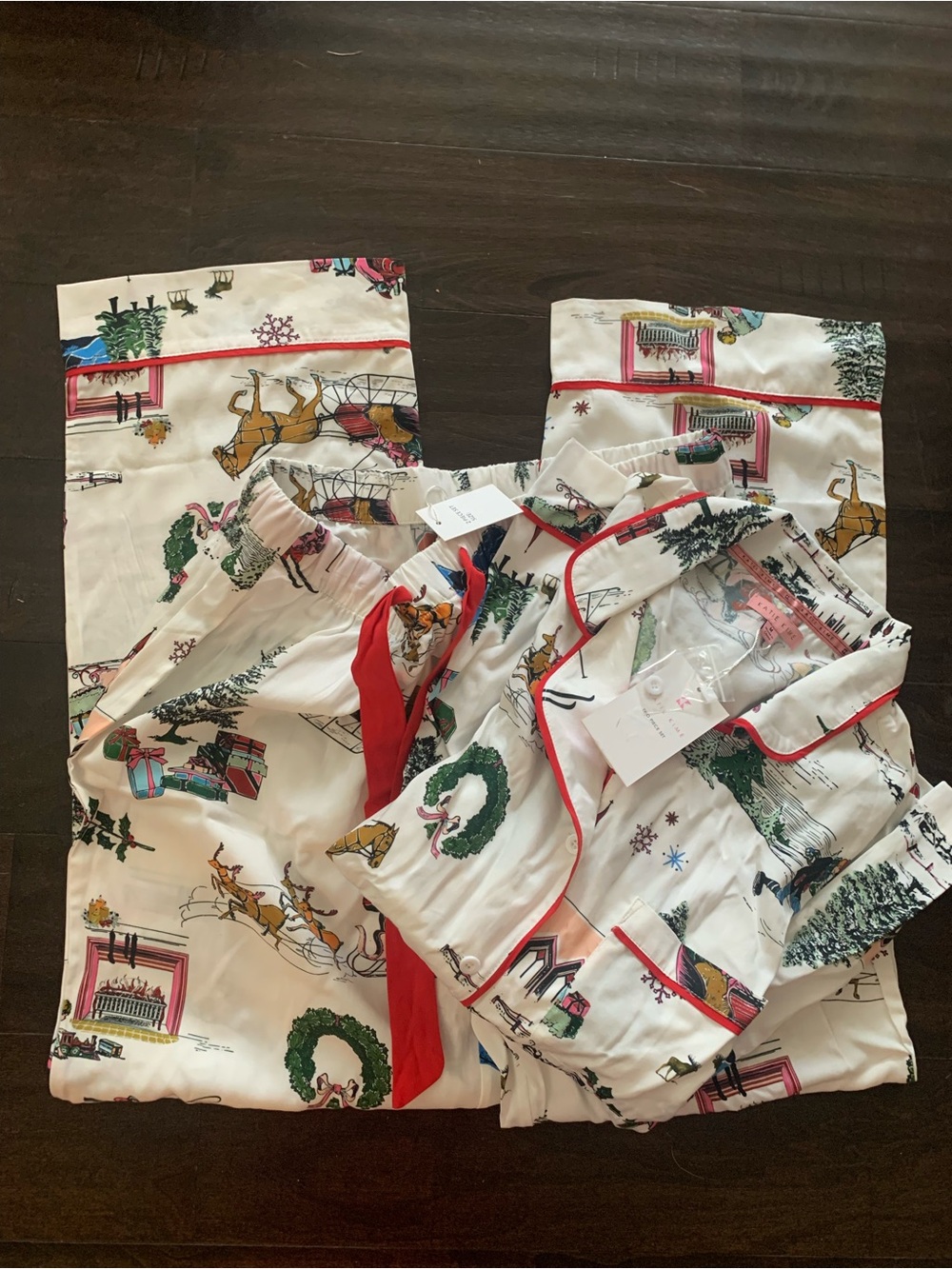 Cream Holiday Print Women’s Pajama Set with Red Piping